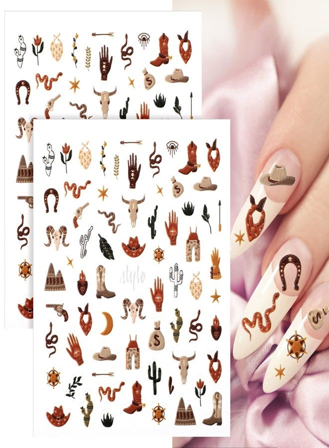 Yuanchu 2 Sheets Retro Cowboy Nail Art Stickers, Western Style Self-Adhesive 5D Embossed Nail Decals DIY Cowboy Hat Boots Cactus Designs for Nails Toenails Phone Cases Retro Style Parties - Image 1